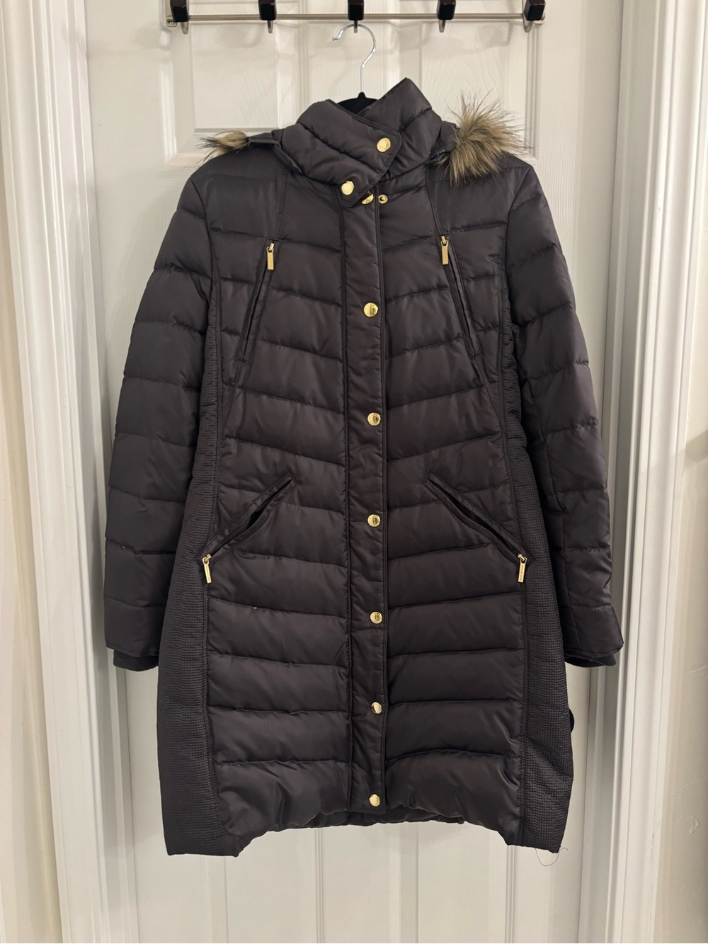 Michael Kors Women’s Black Quilted Long Puffer Coat with Faux-Fur Hood